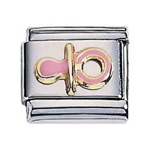 Zoppini speen rose.

Metaal     : staal / 18 karaat goud
Kleur       : rose
model nr. : 302.034
Maten     : 9 mm
Materiaal : staal  ,goud , emaille 

